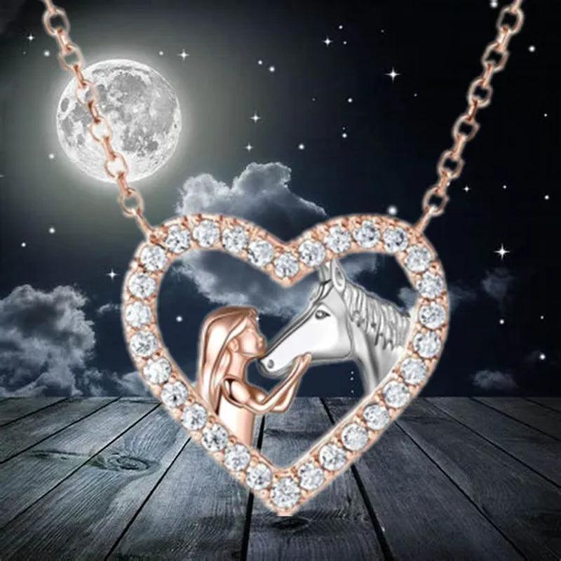 Exquisite Fashion Women's Creative Girl and Horse Necklace Heart Diamond Pendant Necklace Women's Animal Jewelry Accessories Birthday Anniversary Gift