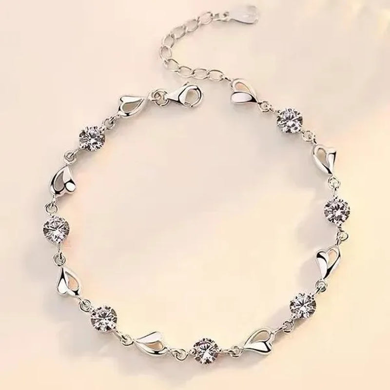 Hot 925 Sterling Silver Zircon Love Heart Shaped Bracelets Crystals for Women Valentines Gift Wedding Party Cute Jewelry
