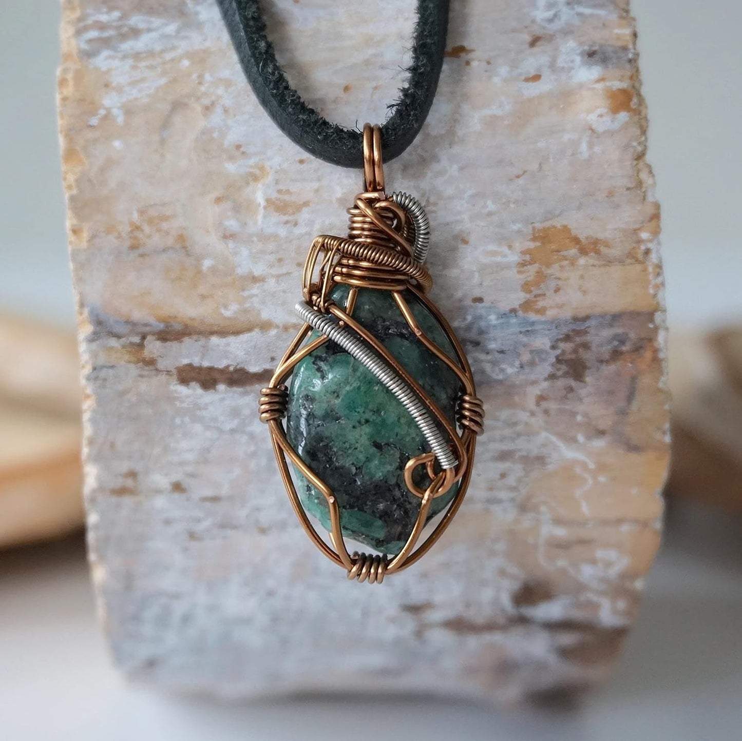 NEW Handmade Emerald Necklace 24 Inch Black Leather Cord Antique Bronze, May Birthstone Jewelry, Handmade in North America