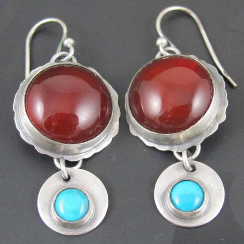 Red Agate and Turquoise Earrings Retro 925 Silver Plated Beautiful RUBY EARRINGS