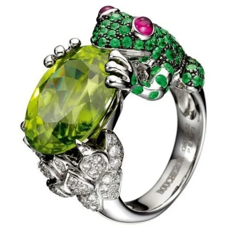 The Frog Ring 925 Sterling Silver Ring Oval Cut 6.34CT Peridot Rich Frog Wealth Ruby Eye Tsavorite Rings Wedding Ring for Women Fashion