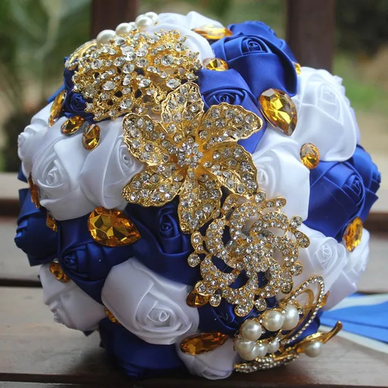 Private Custom 18CM Wedding Bouquet Luxury Gold Crystal Brooch Bride Bouquet Pure Handmade Silk Rose Ribbon Wedding Bride Holding Flowers Multi-Color Optional