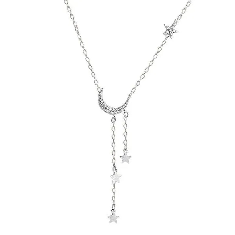 925 Silver Sterling Tassel Star Moon Necklace for Women Clavicle Chain Woman Jewelry Birthday Gift Accessories