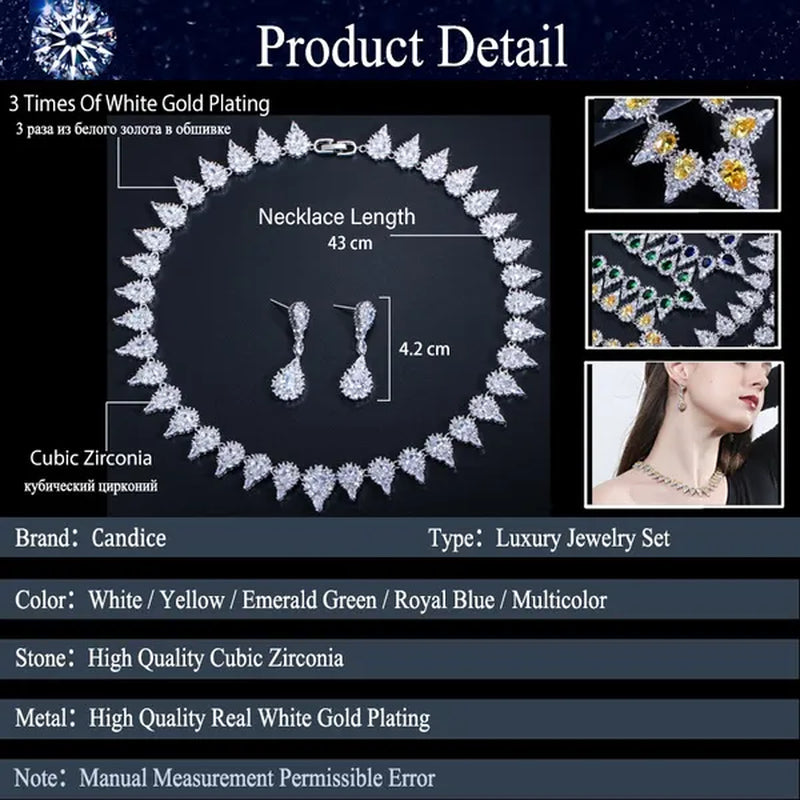 CANDICE White Gold Plating Sparkling Cubic Zirconia Choker Necklace Sets with Dangle Earrings Inlay Crystal Citrine Yellow Stone Evening Party Jewelry Set for Women