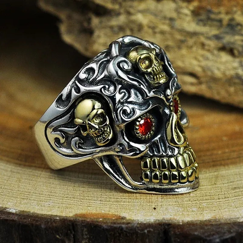 Vintage Fashion Punk Personality Two-Tone Stainless Steel Skull Ring Retro Ruby Inlay Men'S Punk Jewelry Size 7-14