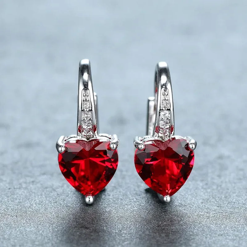 1Pair 925 Sterling Silver 14K White Gold Birthstone Hoop Earrings Heart Cut Red Ruby Garnet Drop Earrings Heart Shaped Clip On Earrings Gift