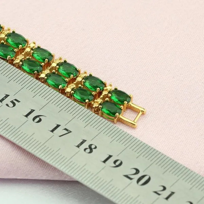 Flawless Long Gold Color Women Jewelry Sets Green Zircon Drop Earrings Necklace Pendant Rings Oval Bracelet Dating Gift