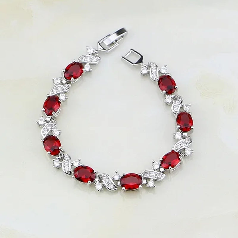 Trendy Oval Red Ruby white Topaz 925 Silver Bracelets Charm For Women