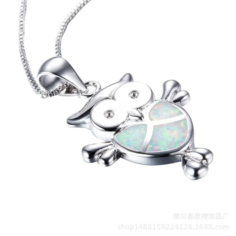 Elegant Lovely Owl White Blue Fire Opal Pendant Necklace Women 925 Sterling Silver Jewelry Gifts