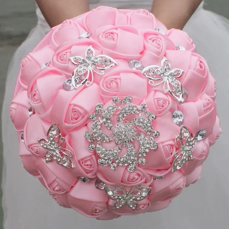18CM White Bride Holding Flowers Butterfly Flower Diamond Brooch Wedding Bouquet Bridal Mariage Stitch Wedding Bouquet Ribbon Bridesmaid Bouquet