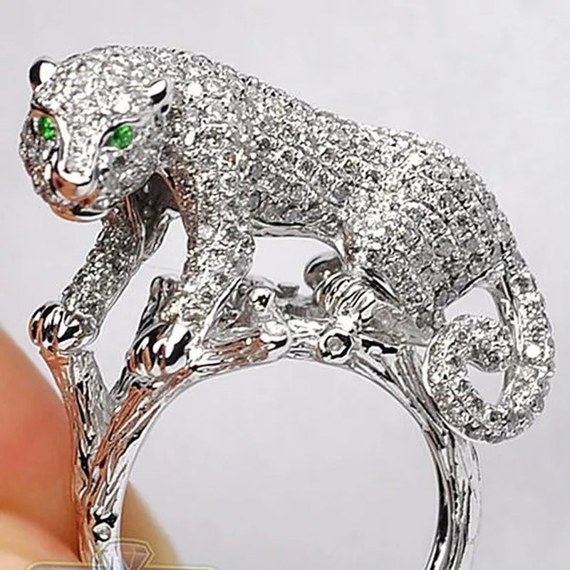 Sparkling 925 Sterling Silver Natural Gemstone White Sapphire Leopard Ring Party Unique Jewelry Gifts Size 6 7 8 9 10