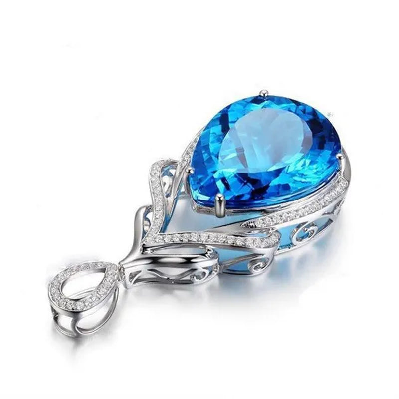 Jewelry Fashion 925 Sterling Silver Diamond Water Drop Aquamarine Pendant Necklace Ornament