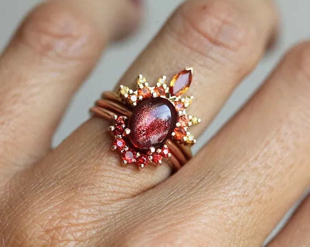 Bohemia Creative Rose Gold Stack with Diamond Gem Three-piece Ring for Women Ruby Crystal Ring Set Jewelry Gifts