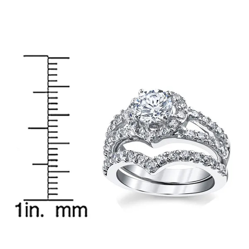 Women's Round Brilliant Cut Heart Shaped Sterling Silver 2-Pc Bridal Set Engagement Wedding Ring Bands Cubic Zirconia