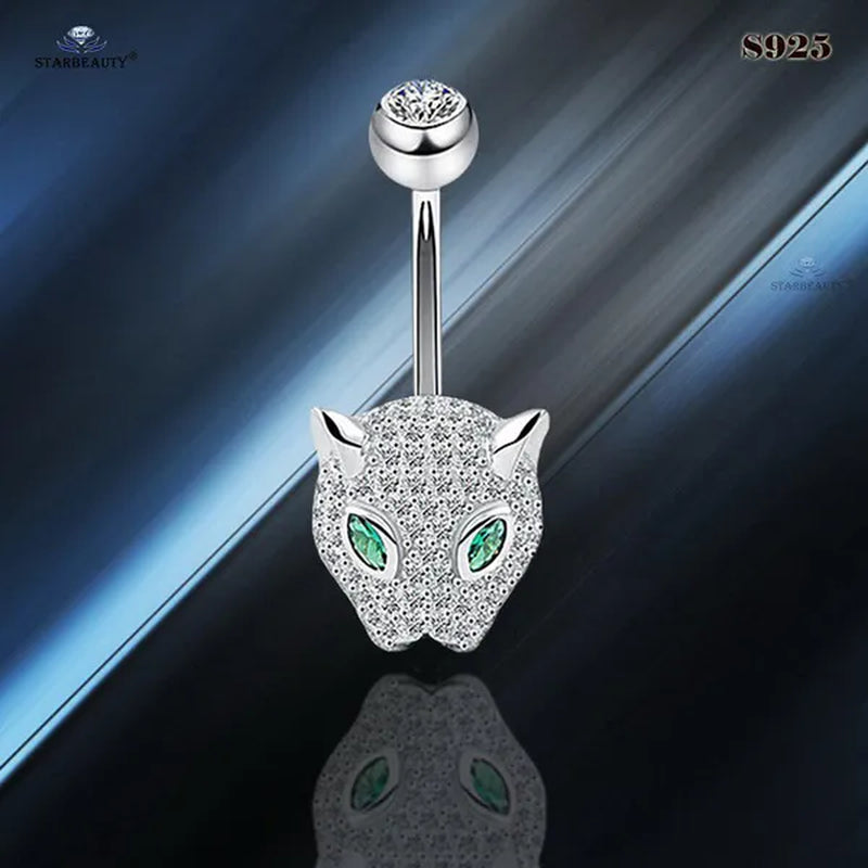 Starbeauty 1 Piece 1.6x6/8/10mm Luxury 925 Sterling Silver Navel Ring Accessories Green Eye Leopard Belly Piercing Ombligo Crystal Zircon Belly Button Rings Navel Pierc Jewelry