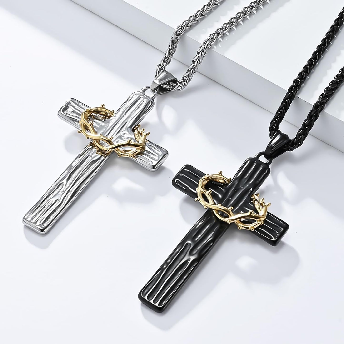 Cross Necklace for Men,Stainless Steel Black Silver Jesus Christ Crucifix Pendant Necklaces Meaningful Religious Jewelry,60Cm Rolo Chain