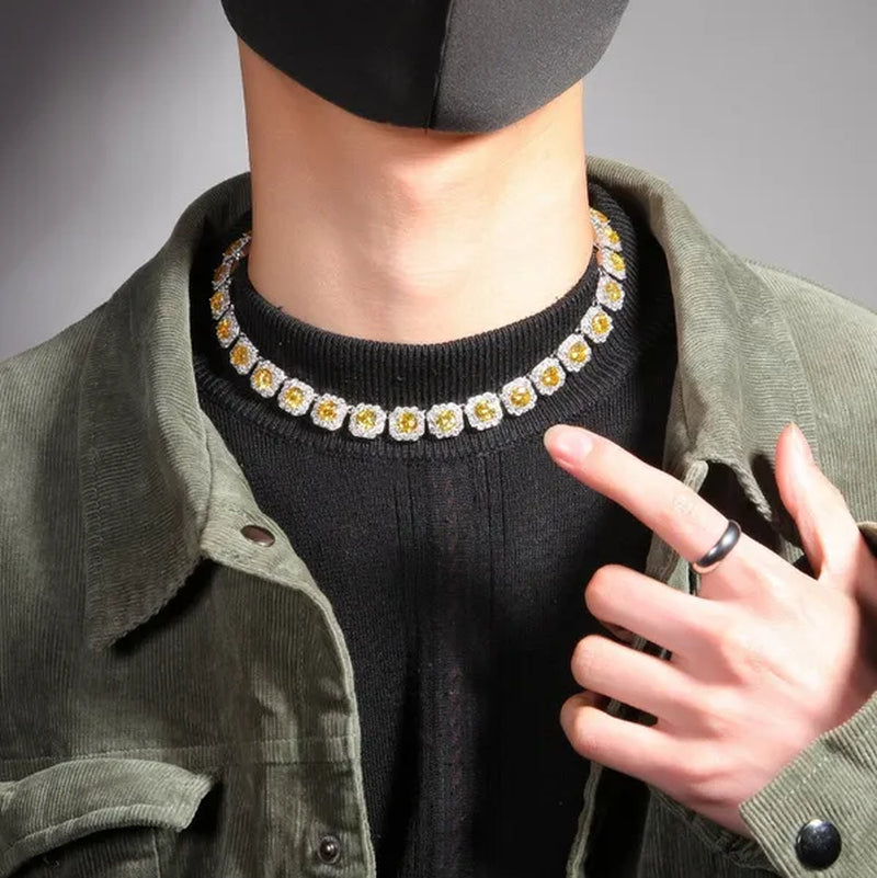 Hip-Hop Copper Inlaid Zircon Crystal Sugar Necklace Hipster Personality Pink Yellow Diamond Necklace for Men and Women with the Same Paragraph