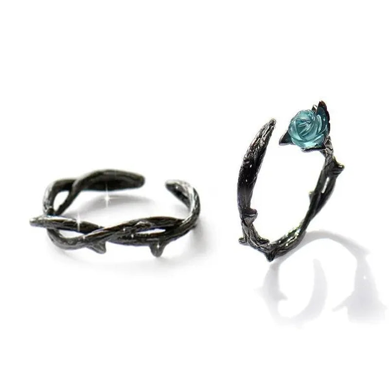 Black Rose Bud Creative Lovers Silver Ring and Ring Thorn Personality Opening Lovers Ring Couple Ring
