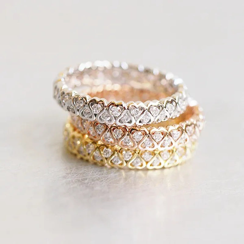 925 Sterling Silver White /Rose Color with CZ Diamond Heart Eternity Ring
