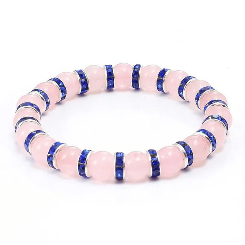 Natural Stone Pink Crystal Quartz &White Porcelain Rhinestones Bracelets & Bangles Charm Powder Beads Strand Bracelet Love Gifts for Women Men Casual Jewelry