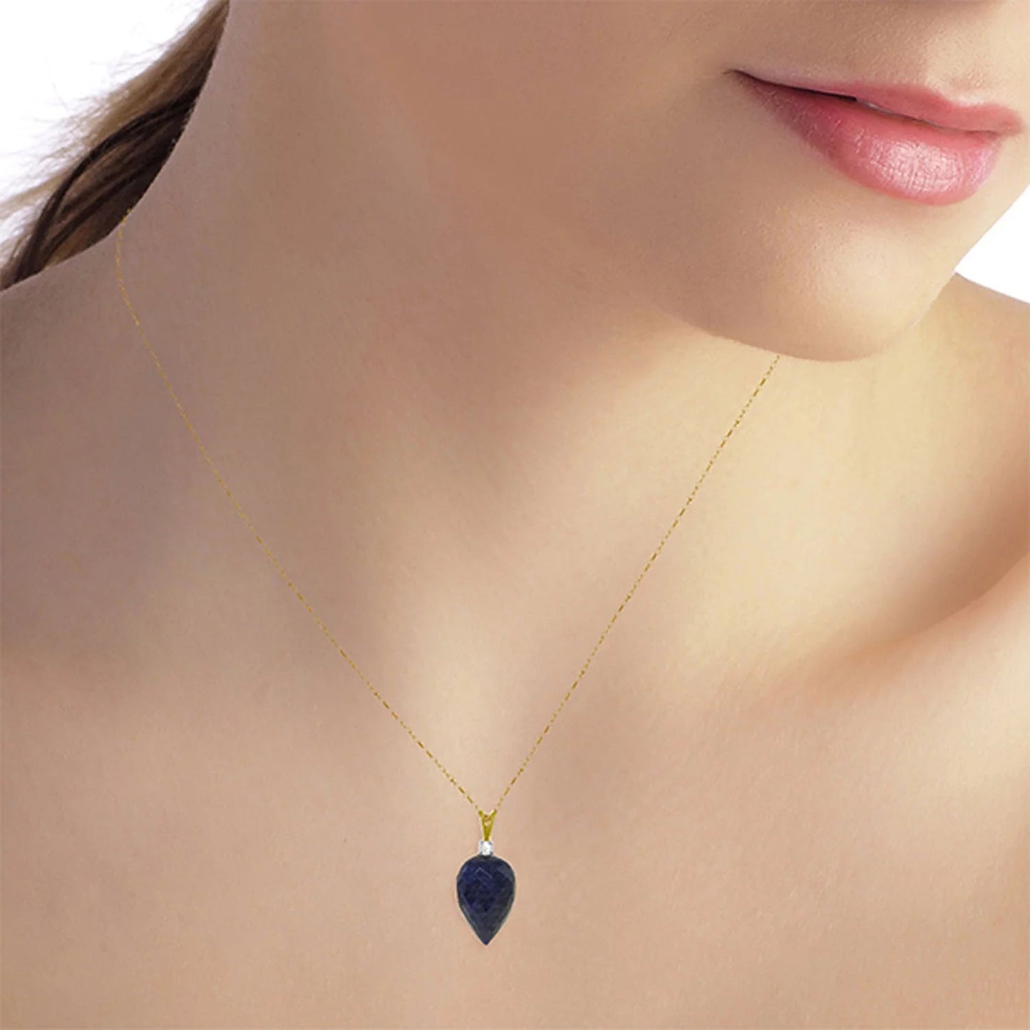 14K 24" Yellow Gold Genuine Diamond & Pointy Briolette Natural Sapphire Pendant Necklace