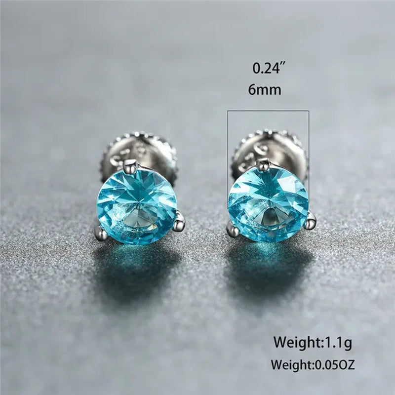 8MM 925 Silver/14K Gold/Rose Gold round Cut Light Aqua Blue Aquamarine Stud Earrings round Lab Diamond Screwback Stud Earrings