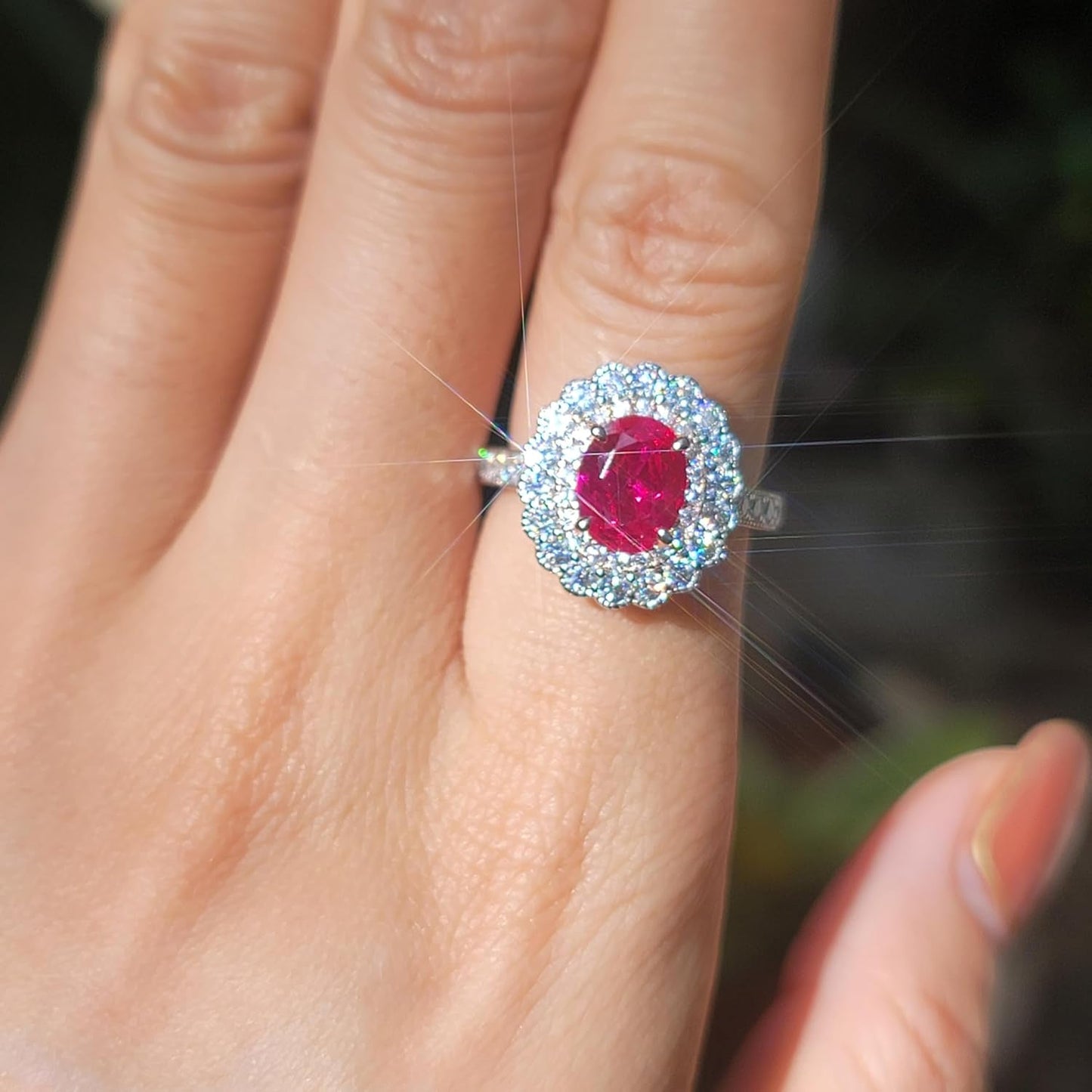 Ruby Rings Engagement Ring for Women 2Ct Oval Cut Created Ruby/Cut Moissanite, Milgrain Floral Double Halo Wedding Ring Moissanite Accents 14K Gold QUALITY Sterling Silver