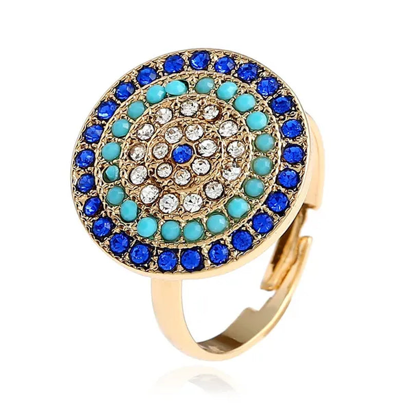 4 Pieces Set round Turkish Blue Evil Eye Necklace Earring Bracelet Ring Fashion Rhinestone Eye Necklace Bracelet Ring Earrings Set for Women Jewelry