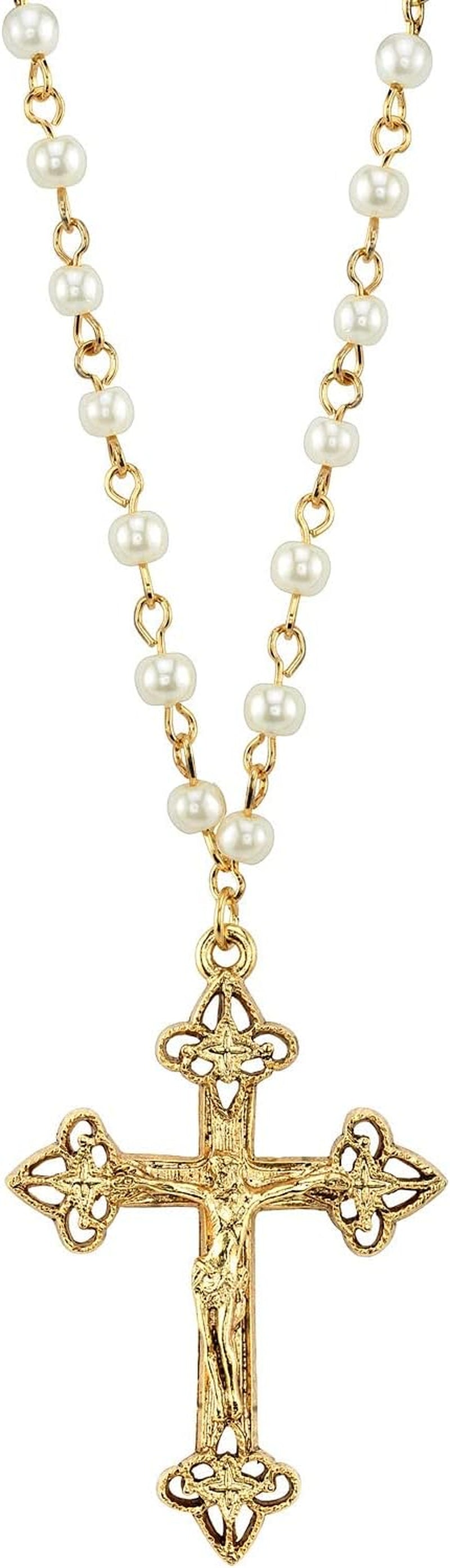1928 Jewelry Women'S Gold Tone 4Mm Faux Pearl Chain Crucifix Cross Pendant Necklace 16" + 3" Extender