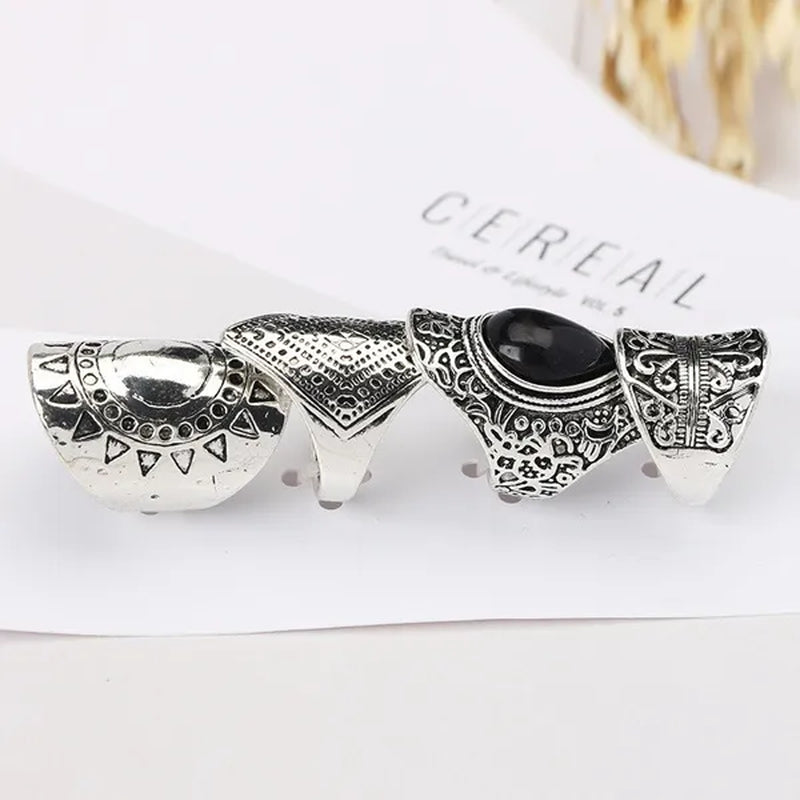 4Pcs/Set Vintage Silver Gypsy Boho Ethnic Ring Hollow Carved Gem Diamond Women Rings