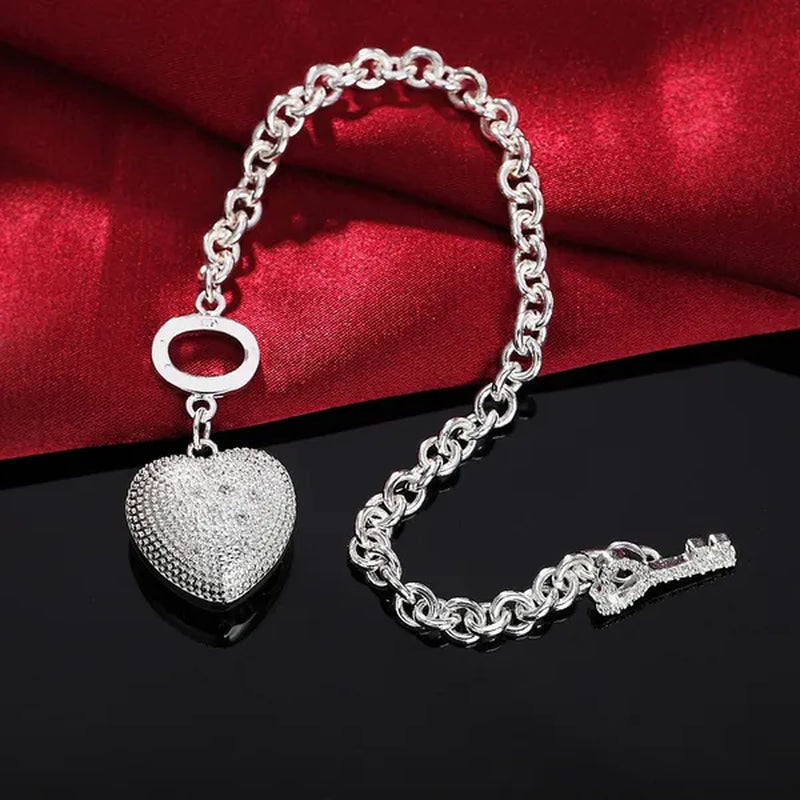 Women's Charm 925 Sterling Silver Crystal Heart Pendant Bracelets Elegant Necklace Bridal Wedding Jewelry Set