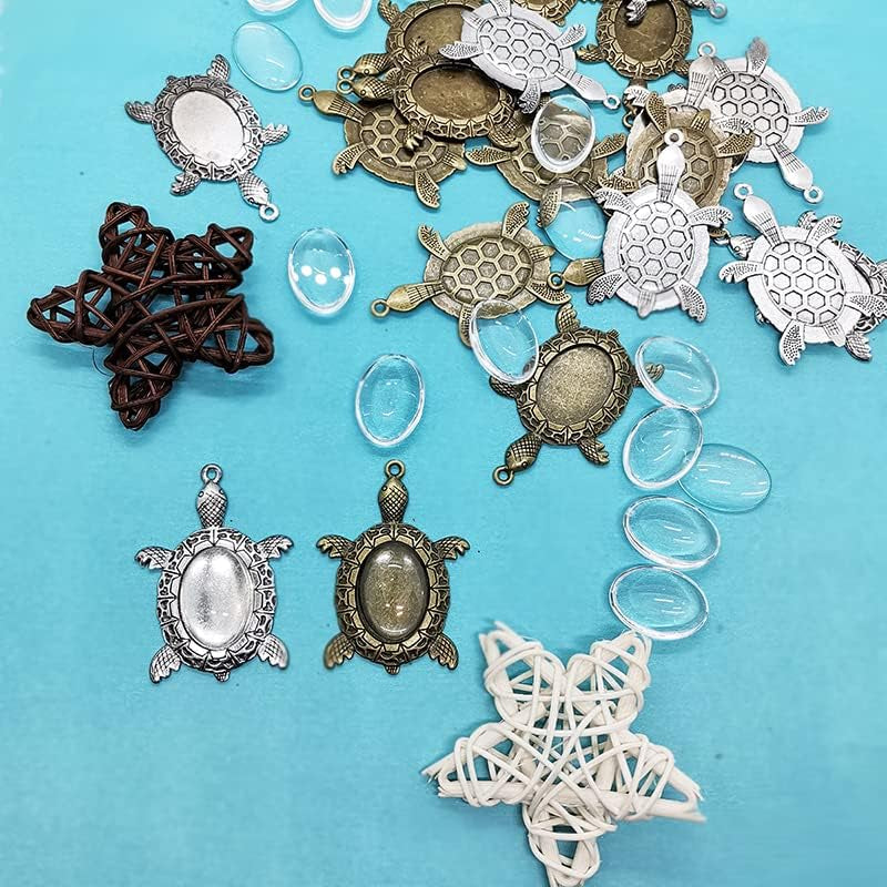40 Pieces 2 Colors Antique Bronze Silver Turtle Pendant Settings Include 20Pcs Blank Bezel Pendant Trays 20Pcs Clear Oval Glass Cabochons Bases for Memorial Photo Pendant DIY Art Crafts Jewelry Making
