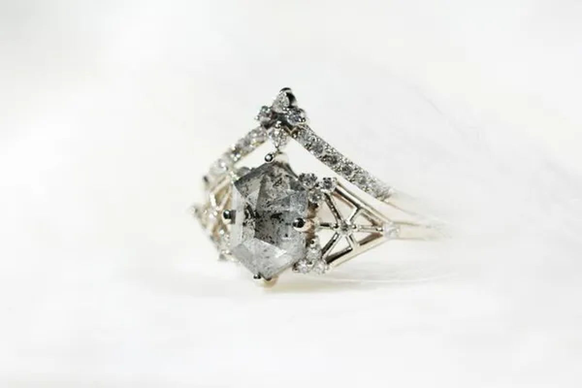 Salt and Pepper Diamond Engagement Ring Hexagon diamond engagement ring bridal ring alternative ring