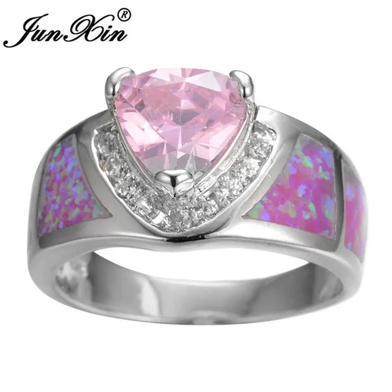 Junxin Triangular Heart Pink Sapphire Opal Ring 925 Sterling Silver Women Wedding Jewelry Size 6/7/8/9/10
