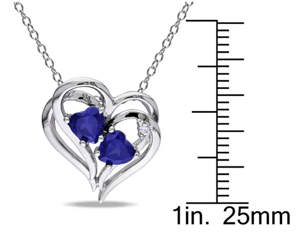 1.10 Carat (ctw) Lab-Created Blue Sapphire & Diamond Heart Pendant Necklace in Sterling Silver with chain