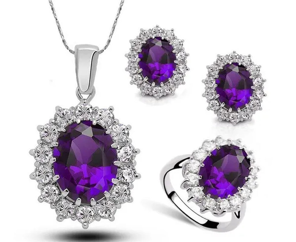 Fashion Natural 925 Silver Sapphire Ring Earring Necklace Set Ladies High-End Crystal Diamond Three-Piece Set Women'S Wedding Jewelry Party Gift Europe and America