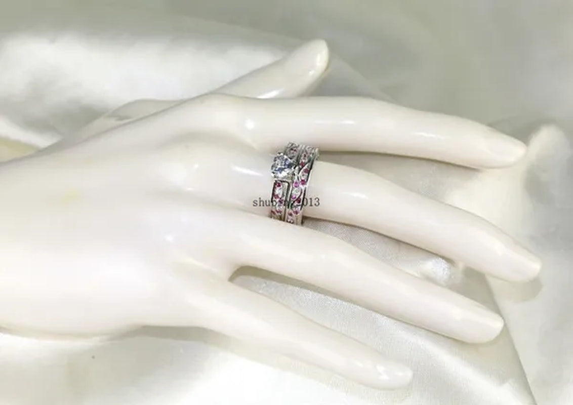Cocktail Ring Heart CZ Ruby 10KT White Gold Filled Women'S Wedding Ring Sets Sz6-9