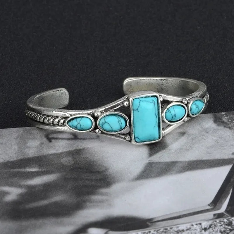 Women Vintage Jewelry Soild Sterling Natural Gemstone Turquoise Bracelet Adjustable Wedding Engagement Jewelry