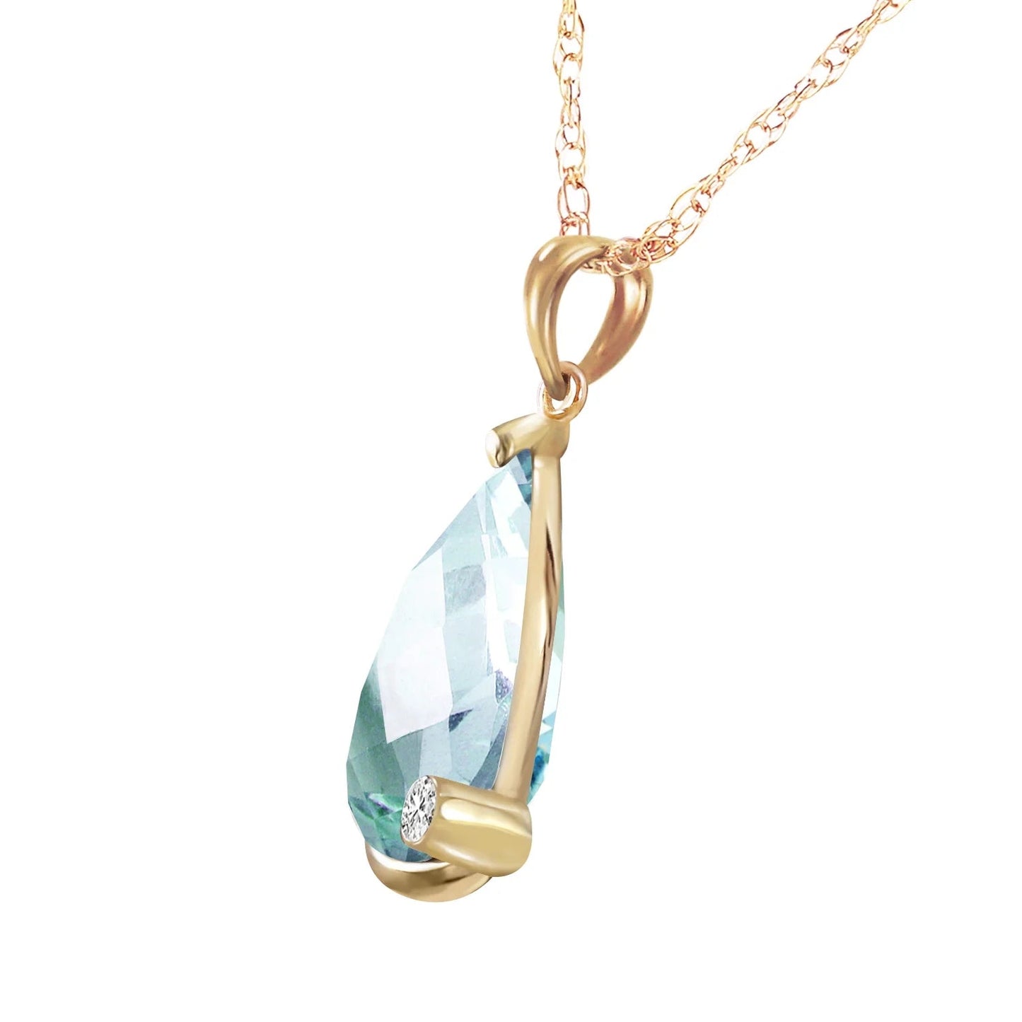 6.54 Carat 14K 16" Solid Gold Necklace with Natural Briolette Checkerboard Cut Blue Topaz and Diamond Pendant