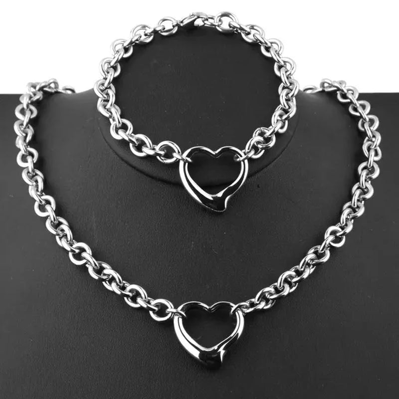 Charming Bracelet Necklace Set Silver Stainless Steel Oval Chain Womens Solid Heart Pendant Bracelet Accessories