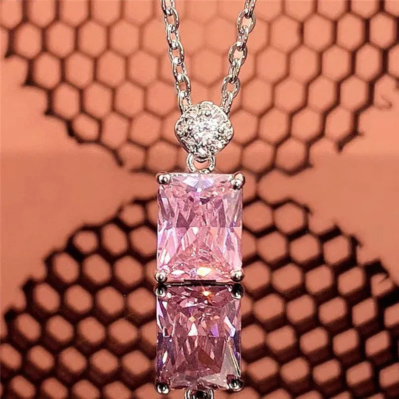 Fashion Jewellery Simplicity Elegant Pink Sapphire Necklace 925 Sterling Silver Banquet Engagement Diamond Pendant Necklace