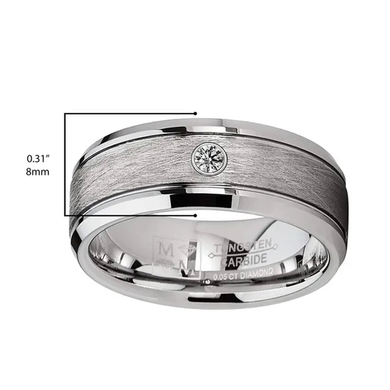 Men'S Tungsten Wedding Band 0.05 Carats Diamond Texture Brush High-Polish Silver-Toned 8MM