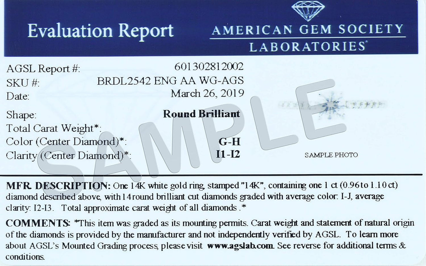 AGS Certified 1 1/8 Carat TW Diamond Ring in 14K White Gold (I-J Color, I2-I3 Clarity)