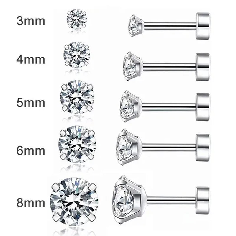 316L Surgical Stainless Steel Stud Earrings Hypoallergenic Cubic Zirconia Barbell Studs Earrings CZ Earrings 1 Pairs 3-8Mm