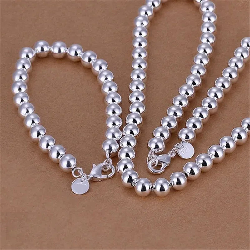 3Pcs 925 Sterling Silver 8MM Buddha Beads Earring Bangle Bracelet Necklace Jewelry Set