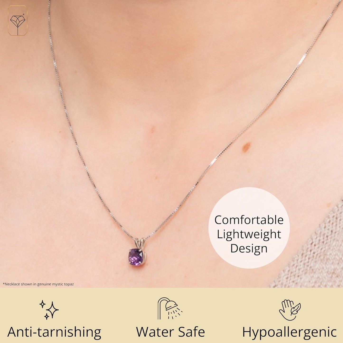 14K White Gold 8Mm Cushion Cut Birthstone Pendant Necklace for Women with 18 Inch Box Chain