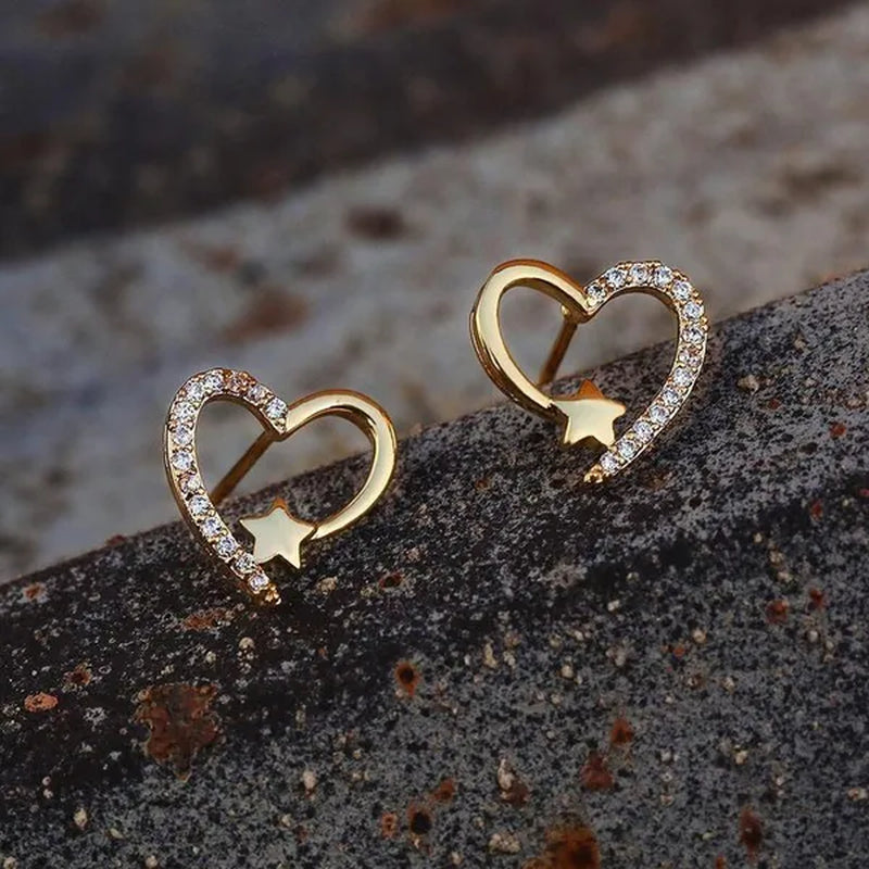 NEW Gold Love Heart Star White Sapphire Diamond Stud Earrings for Women Wedding Engagement Bride Jewelry Gift