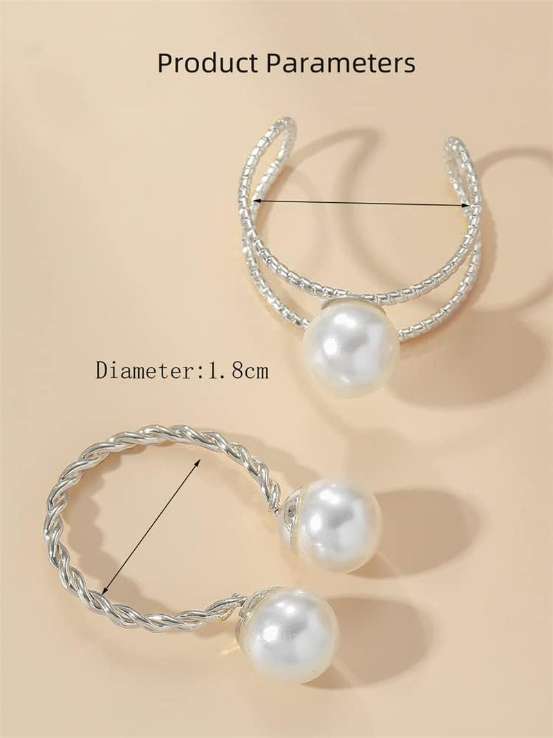 2Pcs Shell Pearl Adjustable Wedding Statement Rings for Women Girls Silver Plated Expandable Twisted Layered Open Wrap Rings Comfort Fit Fashion Delicate Birthday Christmas Party Jewelry Gifts