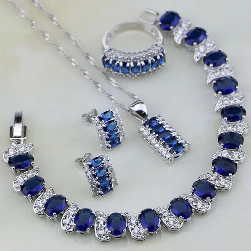 Blue Sapphire White Topaz 925 Silver Jewelry Sets for Women Earrings Pendant Necklace Rings Bracelets 4PCS