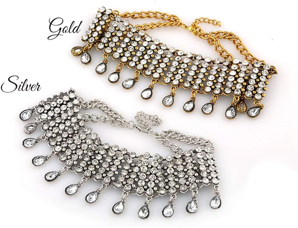Vintage Boho Full Rhinestones Necklaces Tassel Jewelry Set Layered Pendant Statement Chunky Chain Necklace for Women and Girls